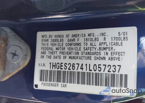 2001 Honda Civic Ex из США, поврежденный, VIN 1HGES26741L057237